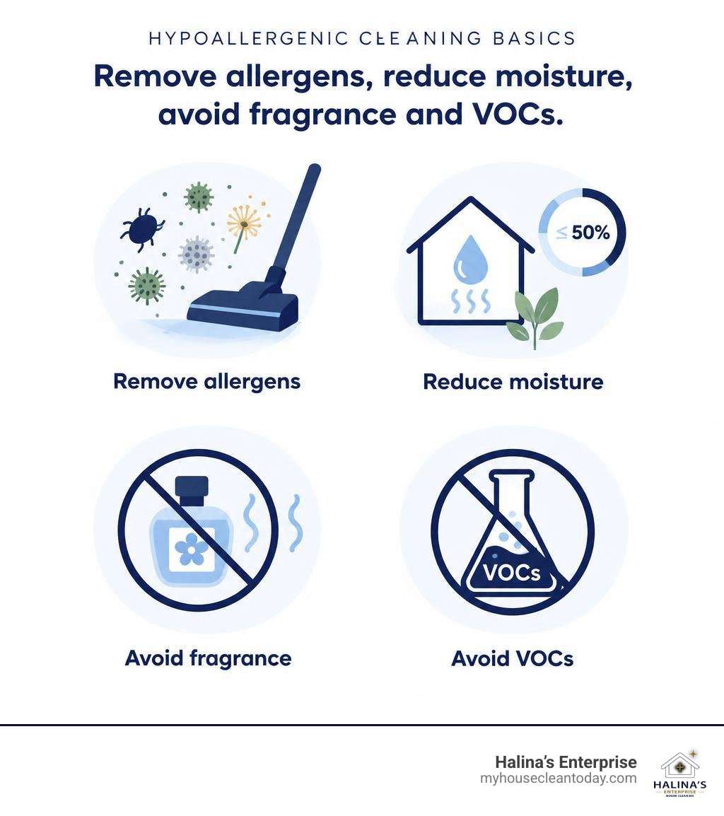 Hypoallergenic cleaning basics: remove allergens, reduce moisture, avoid fragrance and VOCs infographic Hypoallergenic cleaning basics: remove allergens, reduce moisture, avoid fragrance and VOCs infographic