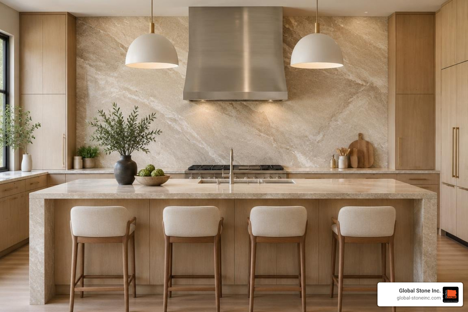 Full-height stone backsplash continuing seamlessly from the countertop behind a range hood