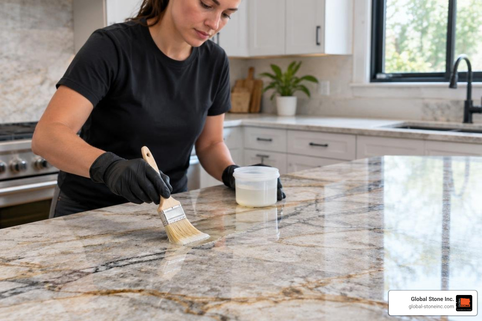 Applying a protective impregnating sealer to a natural quartzite countertop