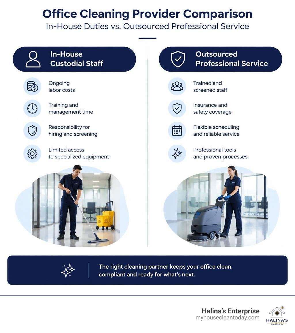 Office cleaning provider comparison: in-house duties versus outsourced professional service infographic