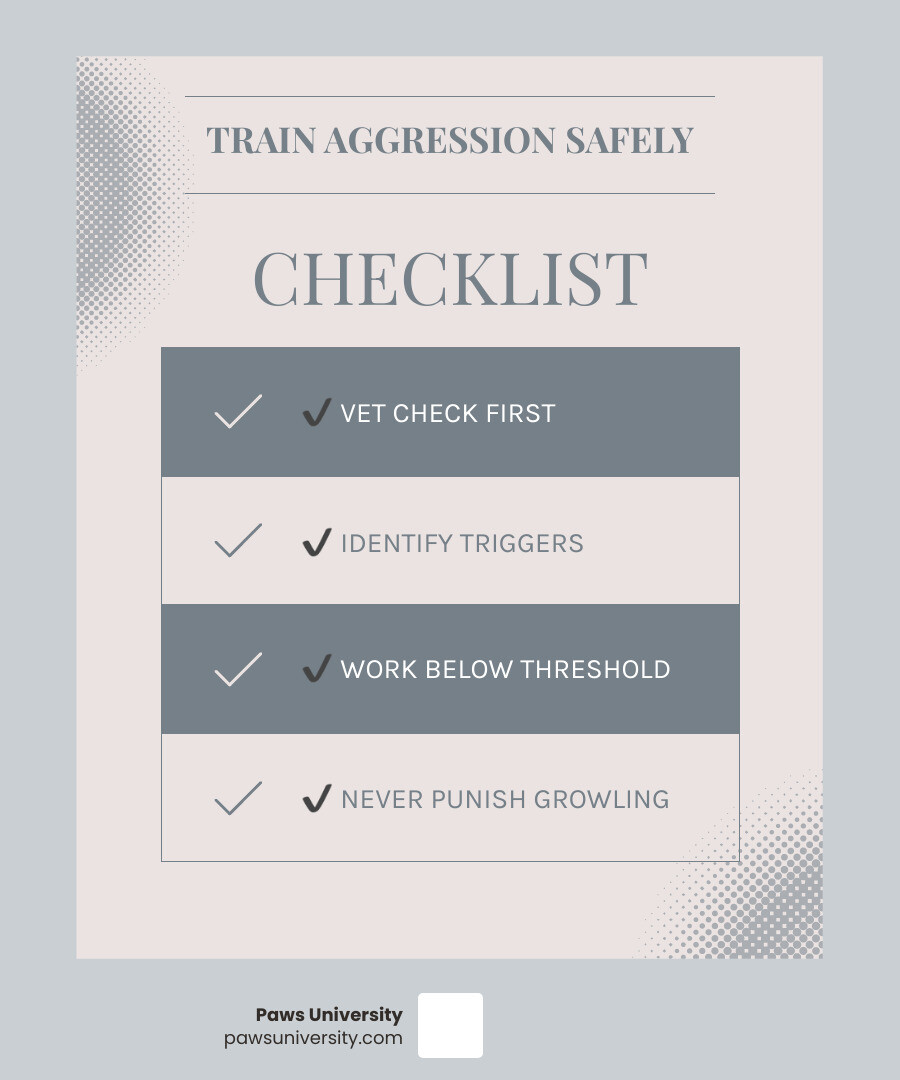 Aggressive dog training: safety, veterinary check, trigger distance, reward calm behavior infographic