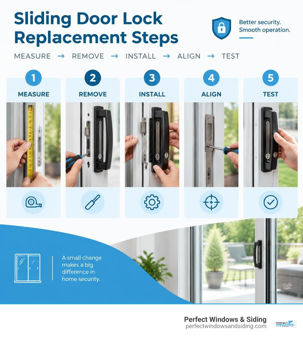 Sliding door lock replacement steps: measure, remove, install, align, and test infographic