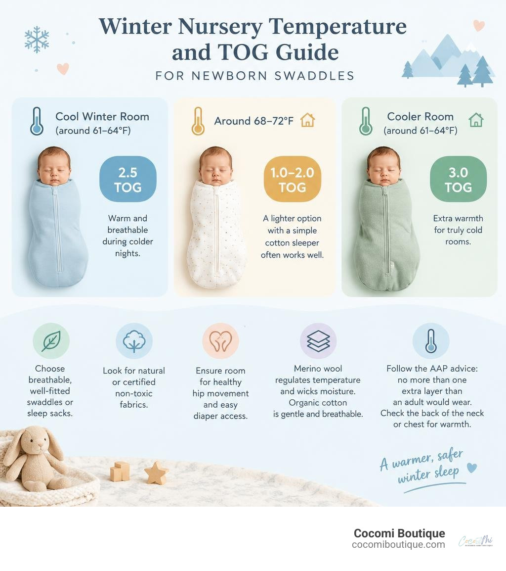 Winter nursery temperature and TOG guide for newborn swaddles infographic