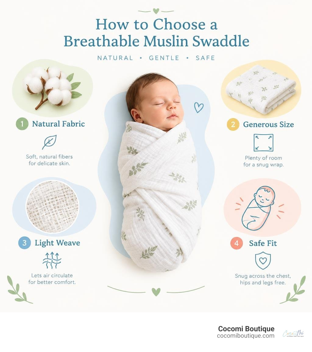 How to choose a breathable muslin swaddle: natural fabric, generous size, light weave, safe fit infographic