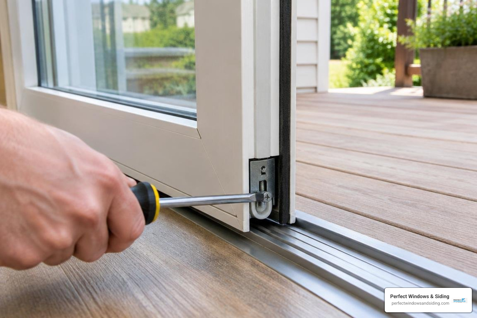 adjusting sliding door roller screws at the bottom of the frame