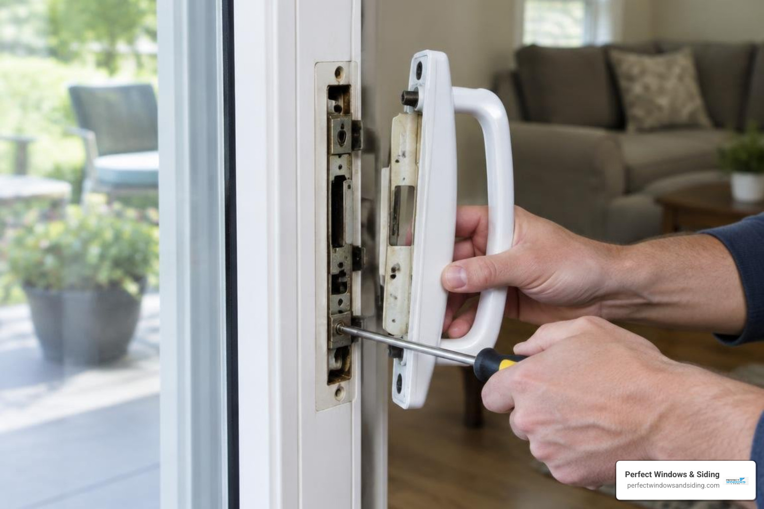 hand removing sliding door handle and mortise lock cartridge with a screwdriver