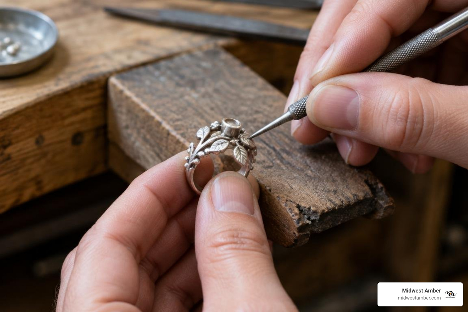 artisan hand-finishing a botanical silver ring setting