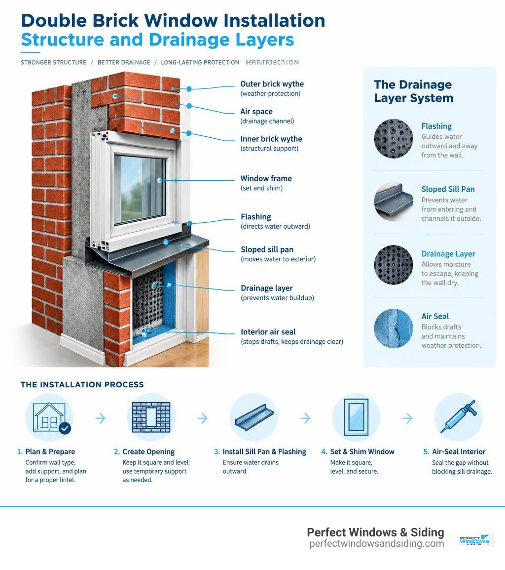 Double brick window installation structure and drainage layers infographic Double brick window installation structure and drainage layers infographic