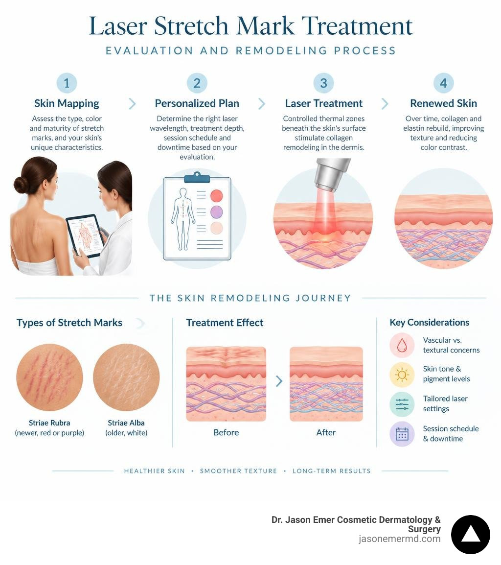 Laser stretch mark treatment evaluation and remodeling process infographic