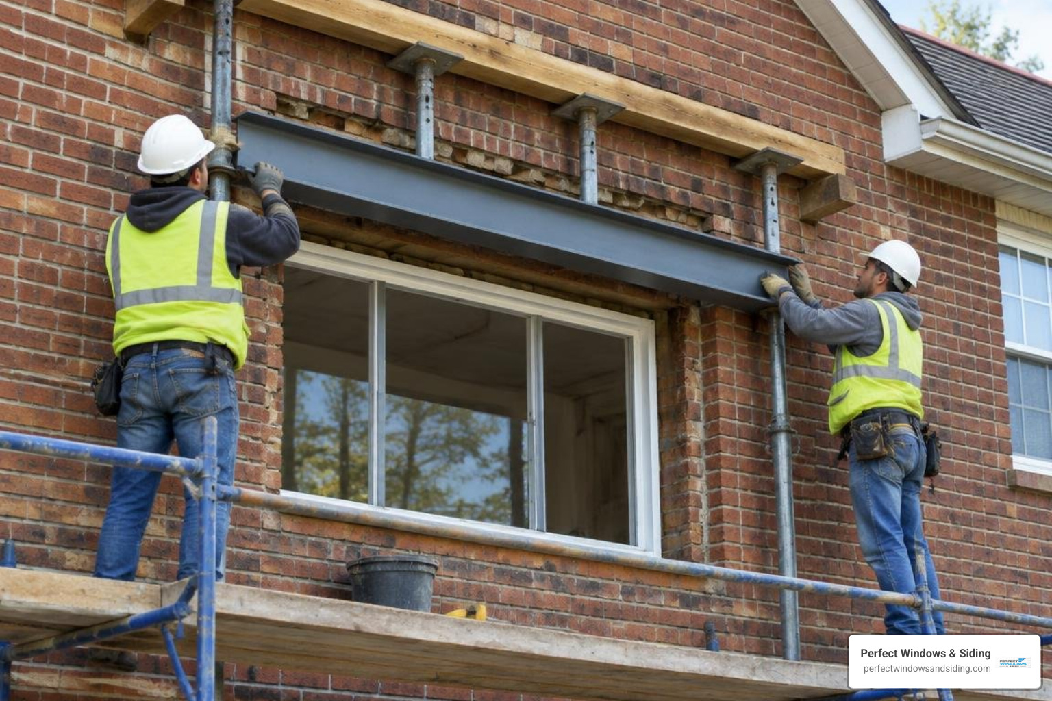 Steel lintel installation with temporary needle beam shoring Steel lintel installation with temporary needle beam shoring