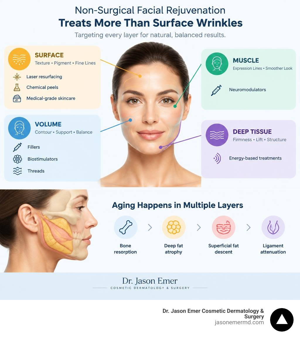 Infographic showing surface, muscle, volume, and deep tissue facial rejuvenation options infographic