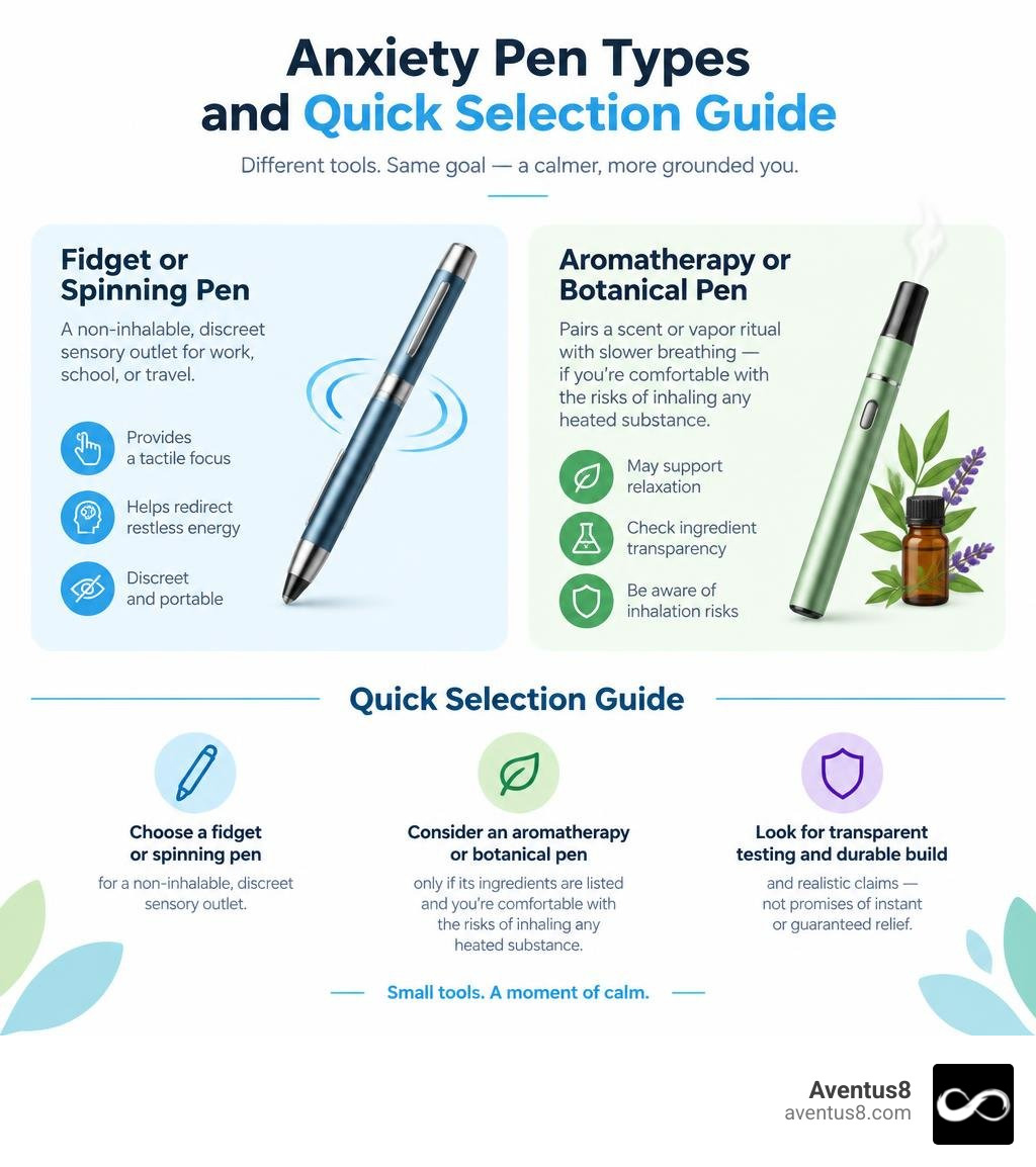 Anxiety pen types and quick selection guide infographic