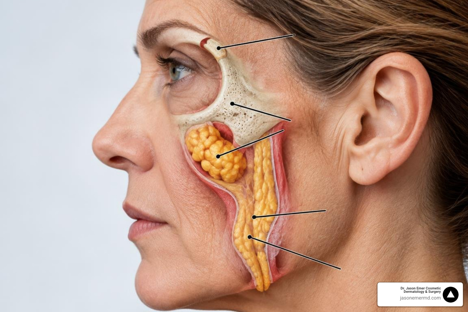 Structural facial anatomy showing bone resorption deep fat atrophy superficial fat descent