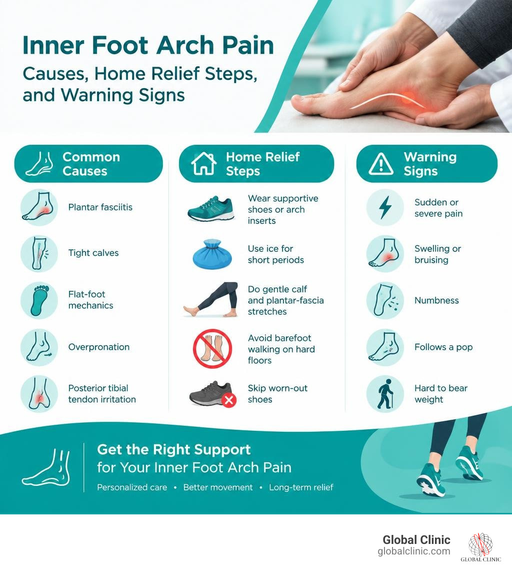 Inner arch pain causes, home relief steps, and warning signs infographic