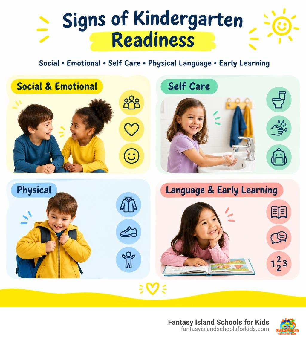 Infographic showing social emotional self care physical language and early learning readiness signs infographic
