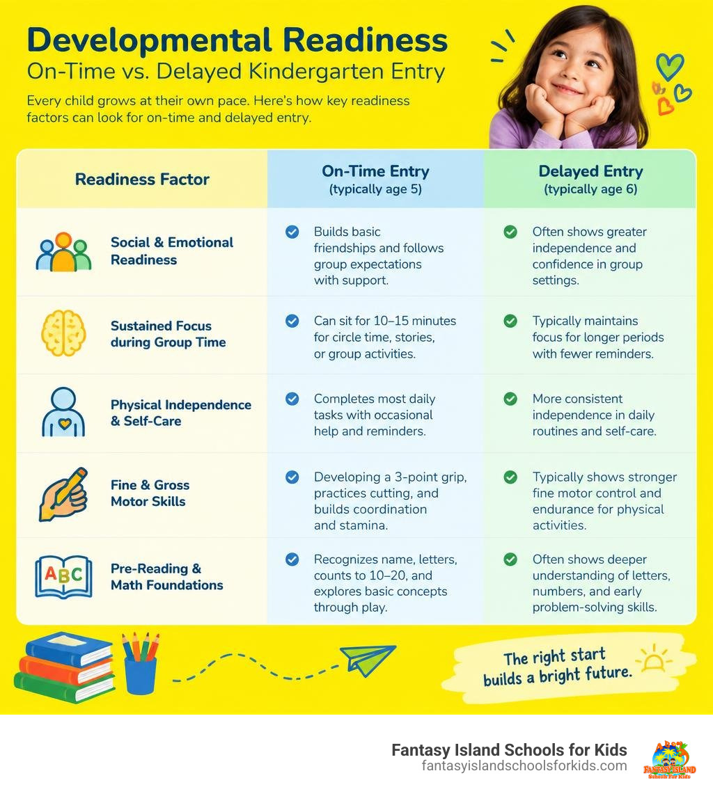 Table evaluating developmental readiness factors between on-time entry and delayed kindergarten entry infographic