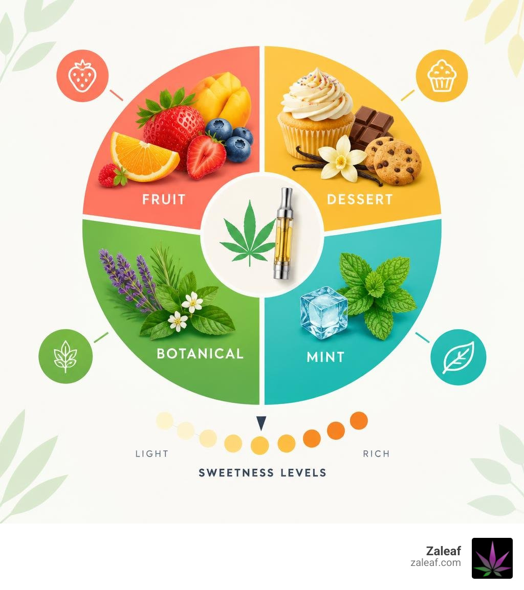 Cannabis vape flavor wheel with fruit dessert mint botanical and sweetness levels infographic Cannabis vape flavor wheel with fruit dessert mint botanical and sweetness levels infographic