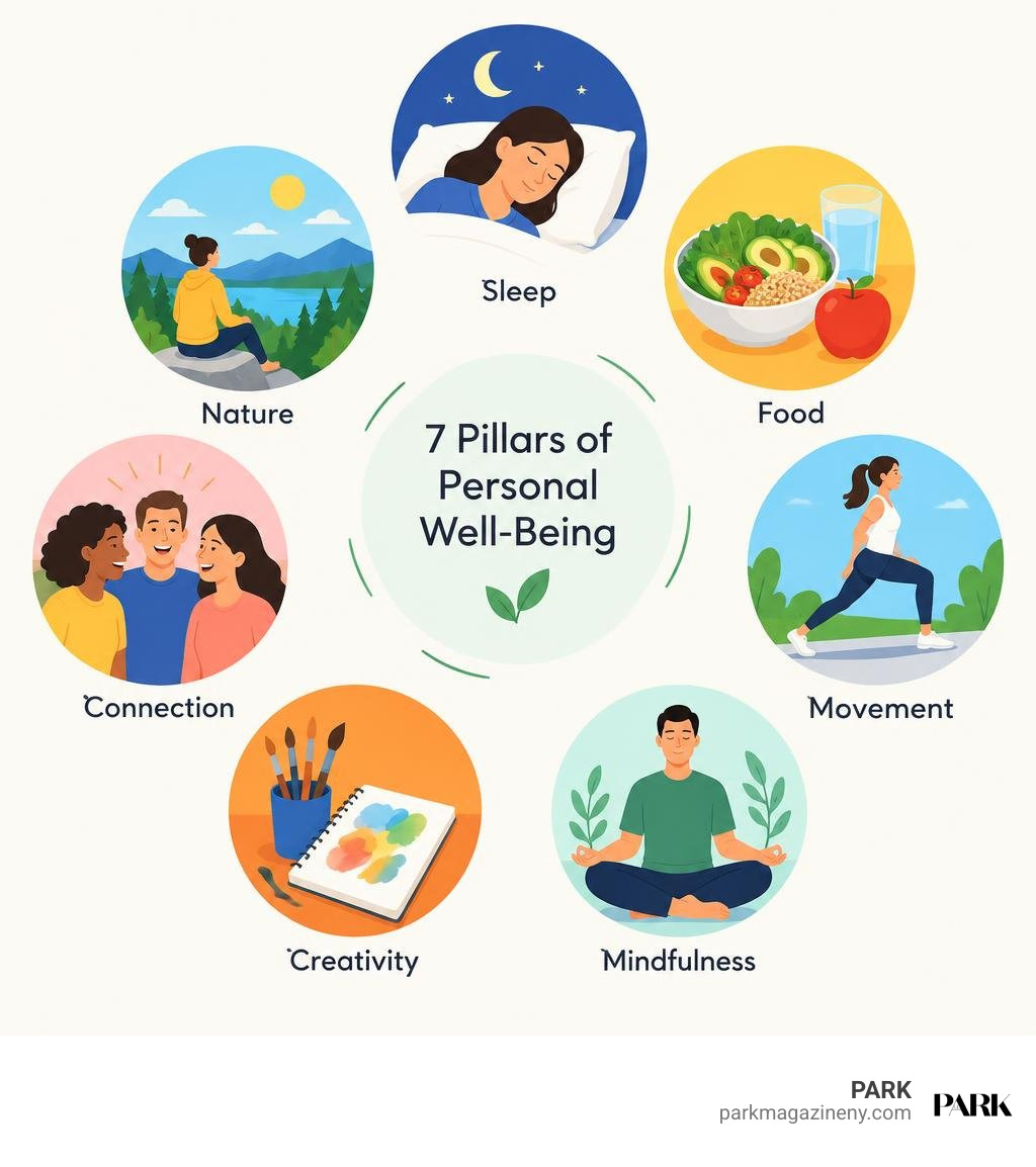 Infographic showing seven personal well-being pillars: sleep, food, movement, mindfulness, creativity, connection, nature