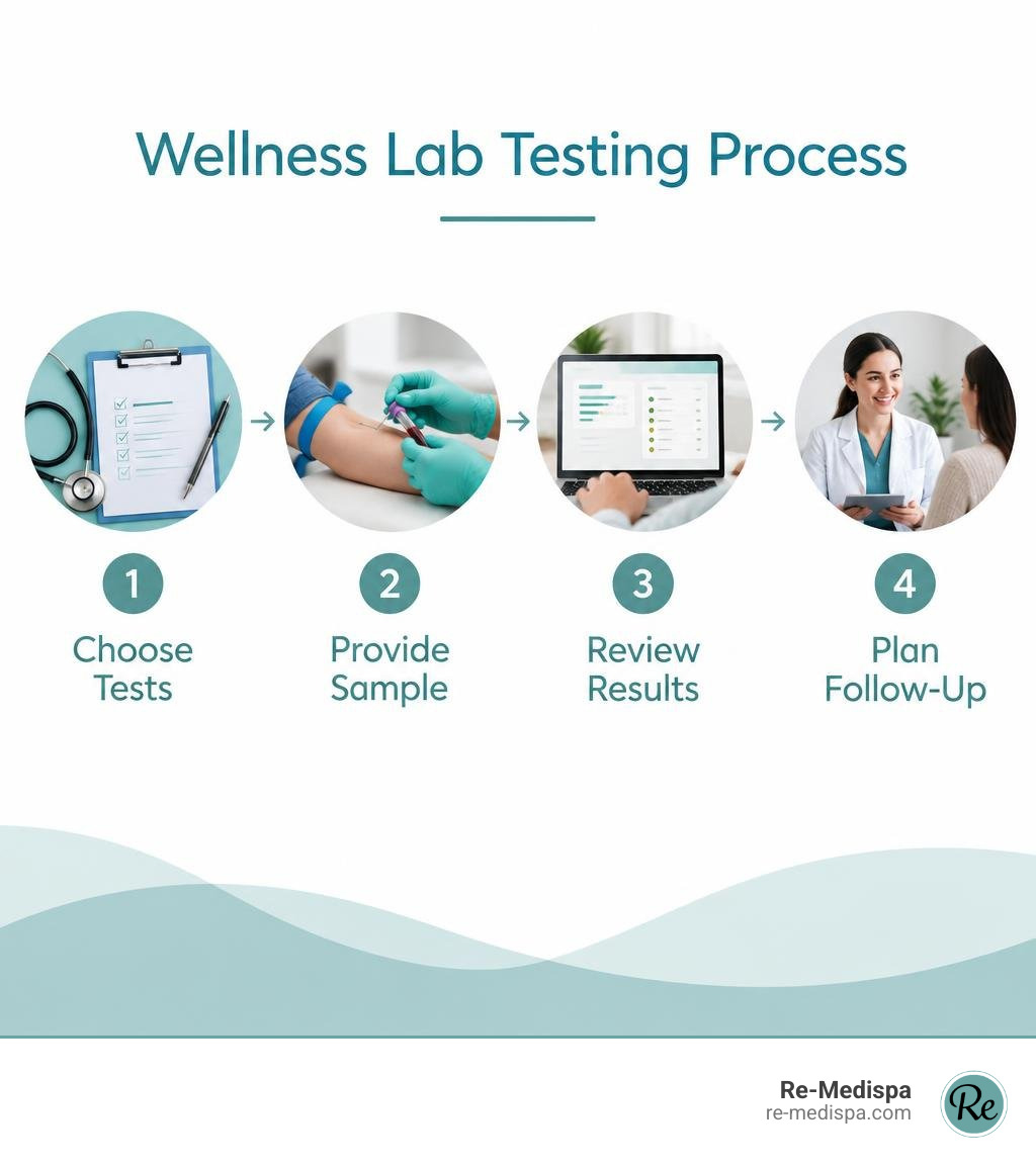 Wellness lab testing process: choose tests, provide sample, review results, plan follow-up infographic Wellness lab testing process: choose tests, provide sample, review results, plan follow-up infographic