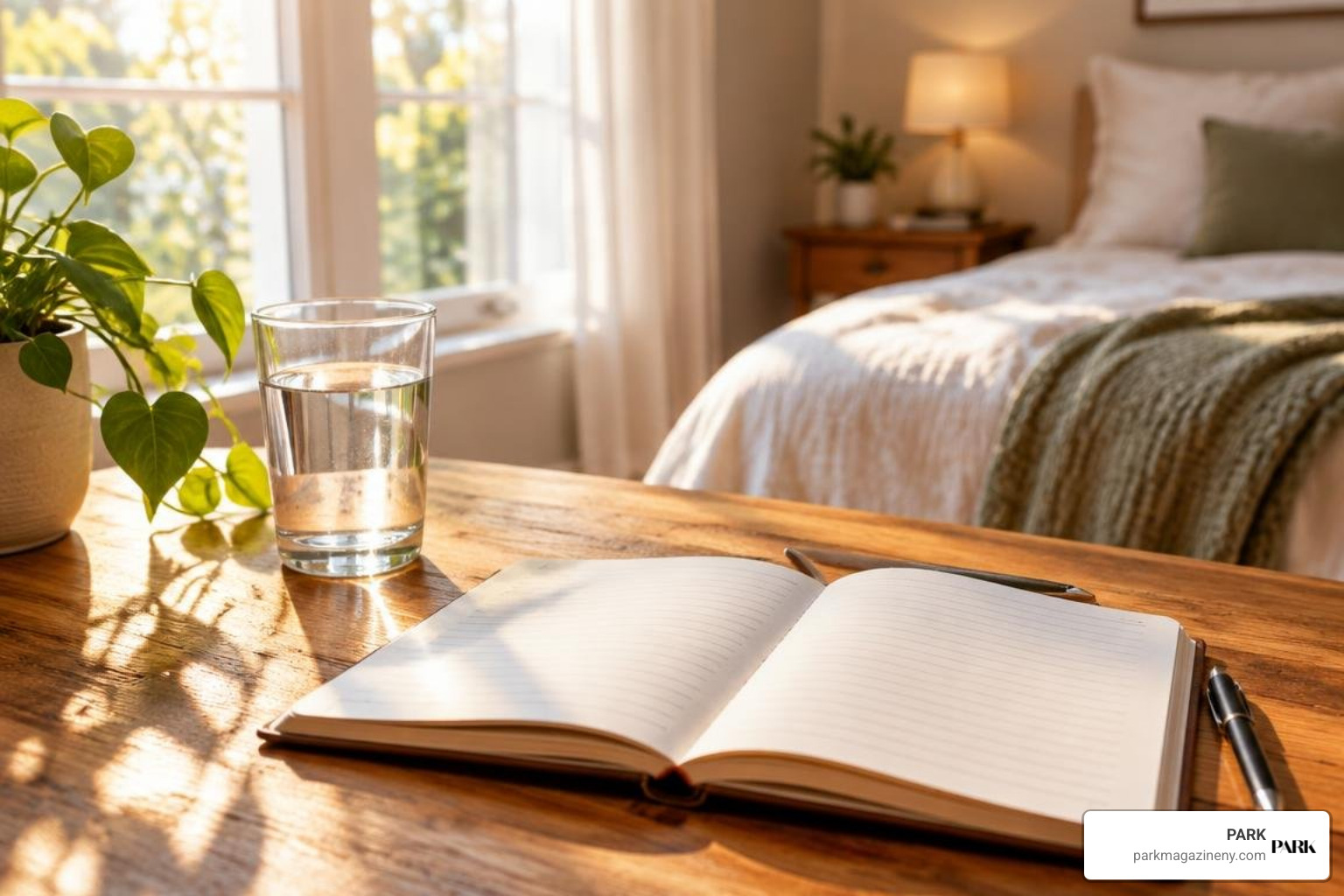 A serene morning wellness setup with journal, water, and warm sunlight