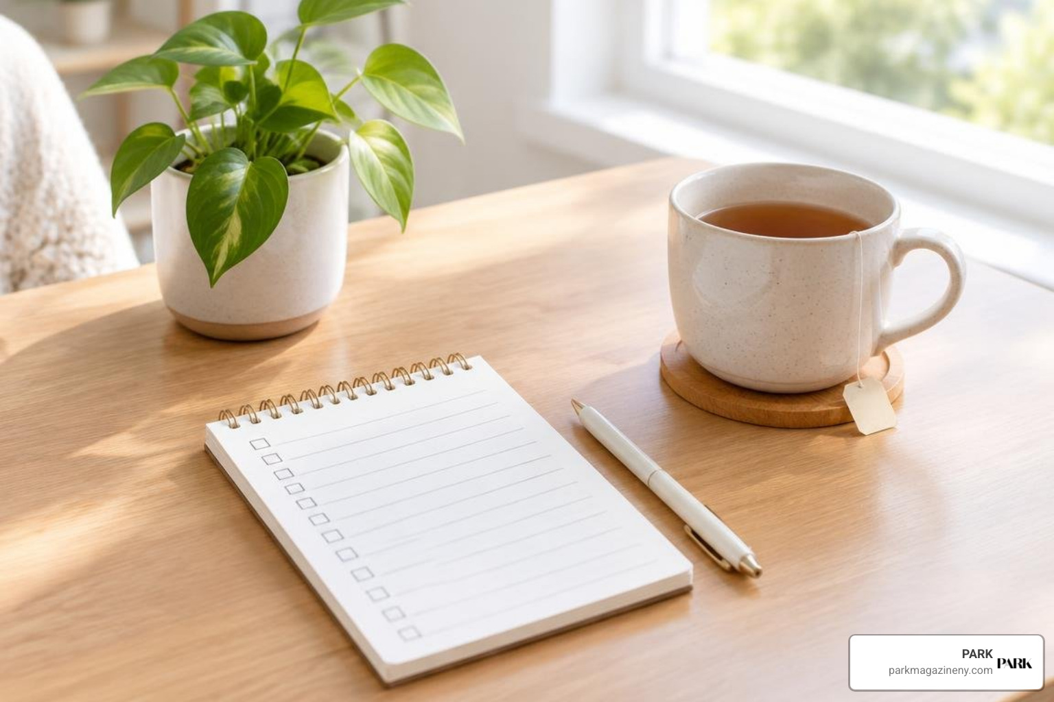 A clean desk with a minimalist daily self-care checklist and morning tea