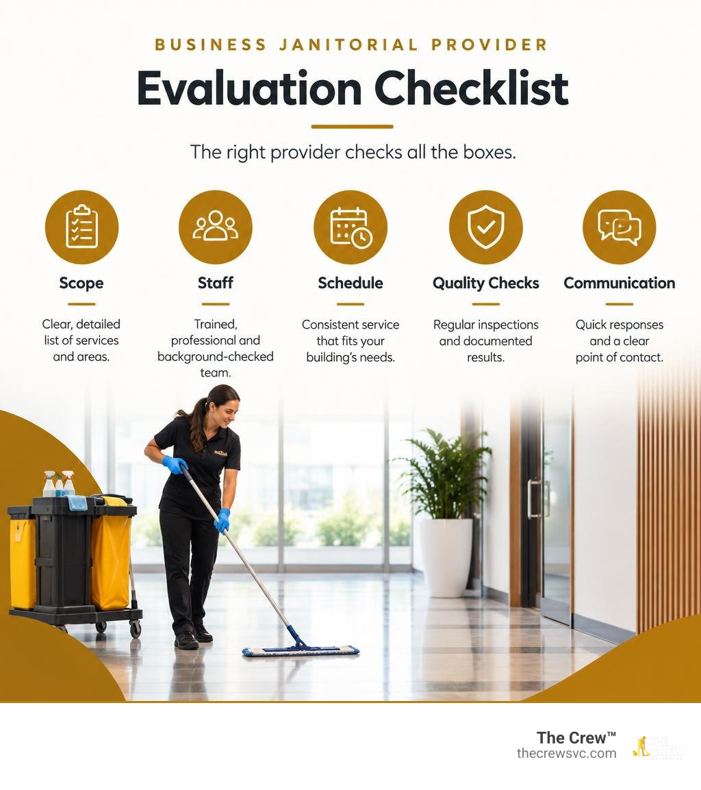 Business janitorial provider evaluation checklist: scope, staff, schedule, quality checks, communication infographic Business janitorial provider evaluation checklist: scope, staff, schedule, quality checks, communication infographic