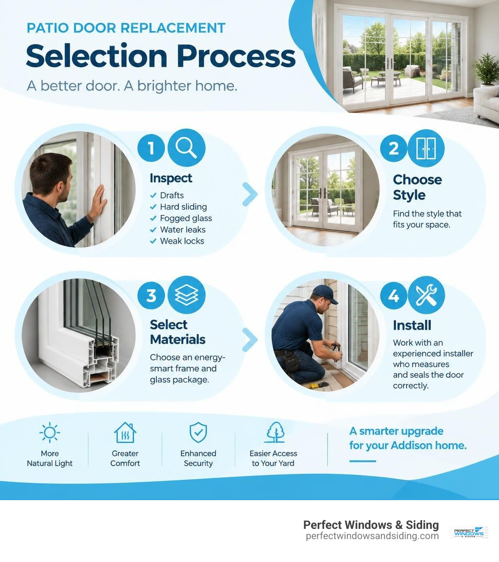 Patio door replacement selection process: inspect, choose style, select materials, install infographic Patio door replacement selection process: inspect, choose style, select materials, install infographic