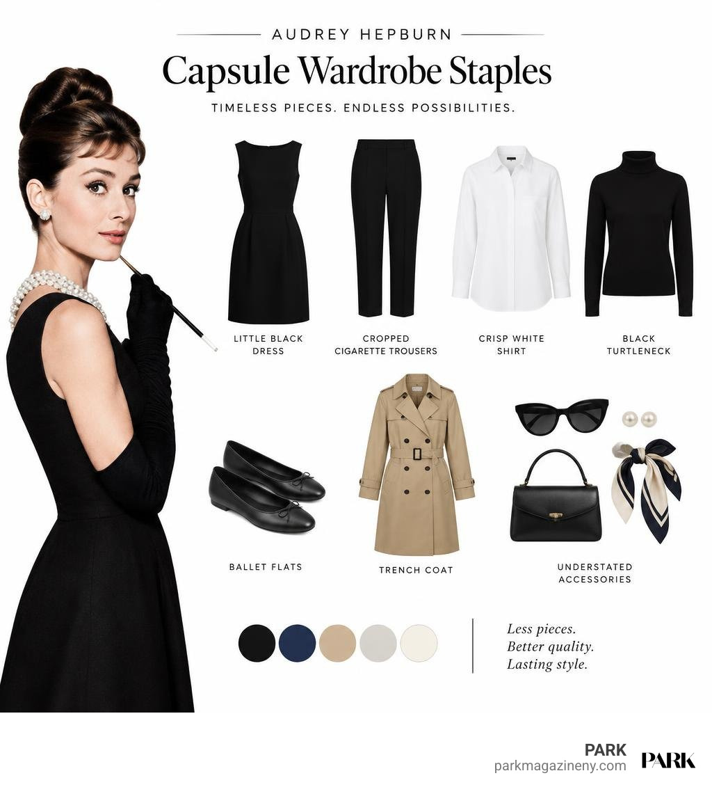 Audrey Hepburn capsule wardrobe staples infographic infographic Audrey Hepburn capsule wardrobe staples infographic infographic