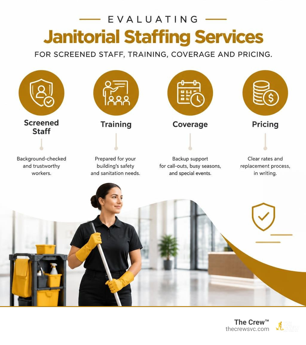Infographic: evaluating janitorial staffing services for screened staff, training, coverage, and pricing infographic