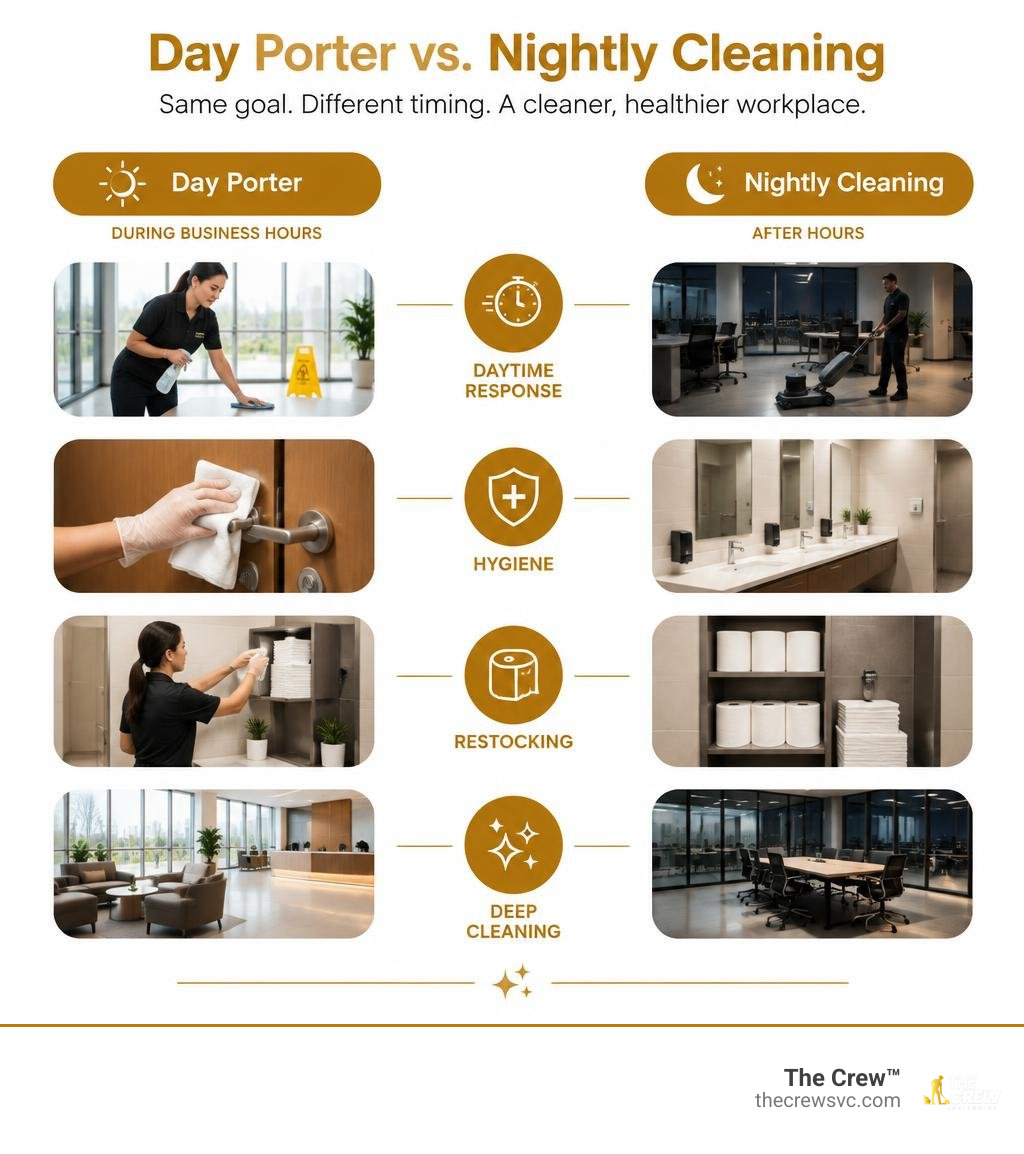Day porter versus nightly cleaning: daytime response, hygiene, restocking, and deep cleaning infographic Day porter versus nightly cleaning: daytime response, hygiene, restocking, and deep cleaning infographic