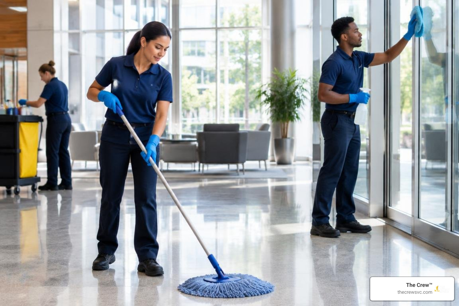 Janitorial team cleaning corporate building
