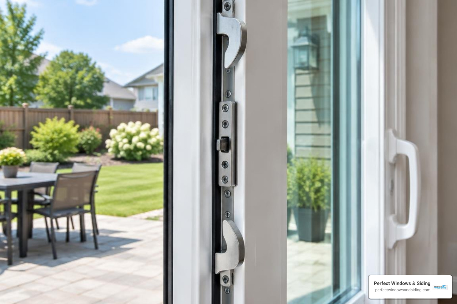 Modern patio door multi point locking system with dual and four point security latches Modern patio door multi point locking system with dual and four point security latches