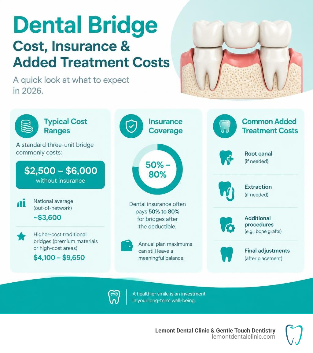 Dental bridge cost ranges, insurance coverage, and common added treatment costs infographic Dental bridge cost ranges, insurance coverage, and common added treatment costs infographic