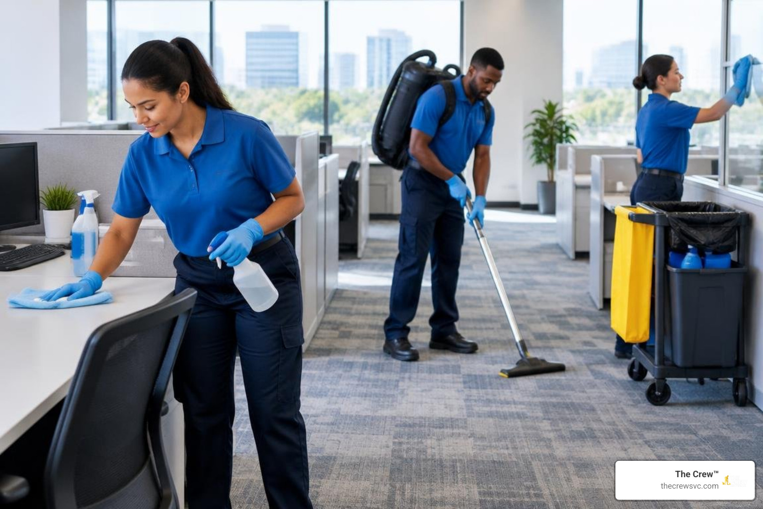 commercial janitorial team with professional sanitation equipment