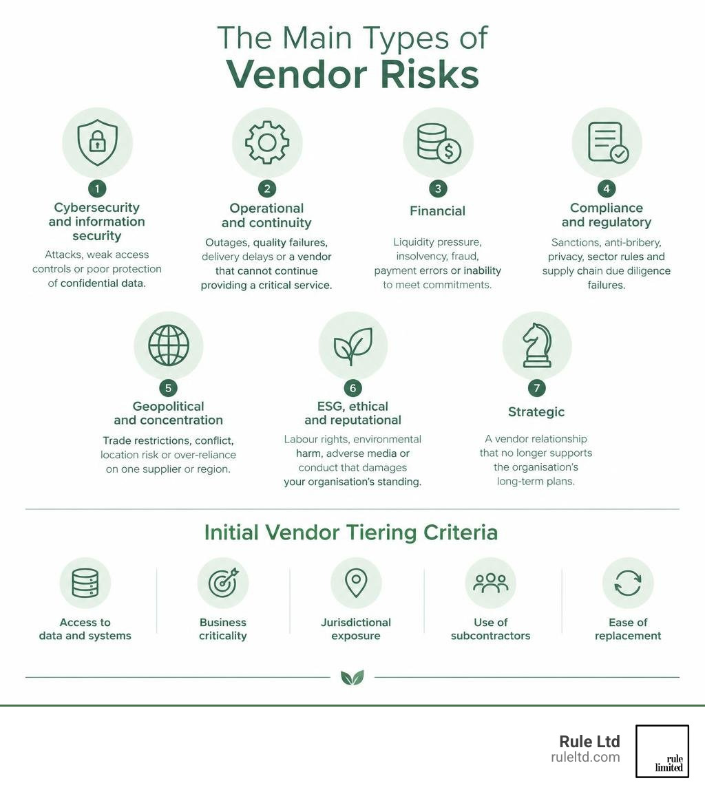 Infographic of seven vendor risk types and initial vendor tiering criteria infographic Infographic of seven vendor risk types and initial vendor tiering criteria infographic