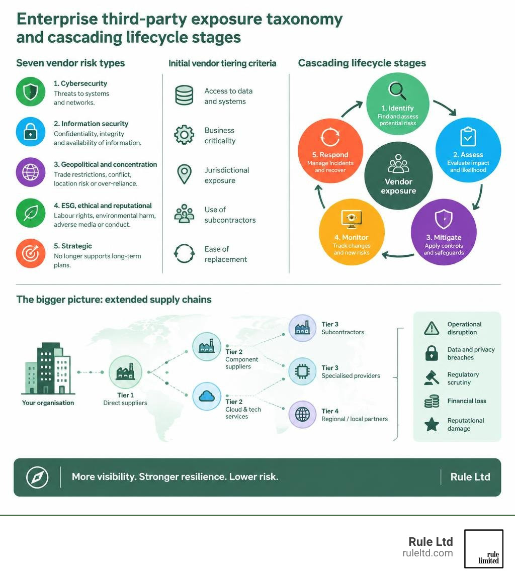 Enterprise third-party exposure taxonomy and cascading lifecycle stages infographic Enterprise third-party exposure taxonomy and cascading lifecycle stages infographic