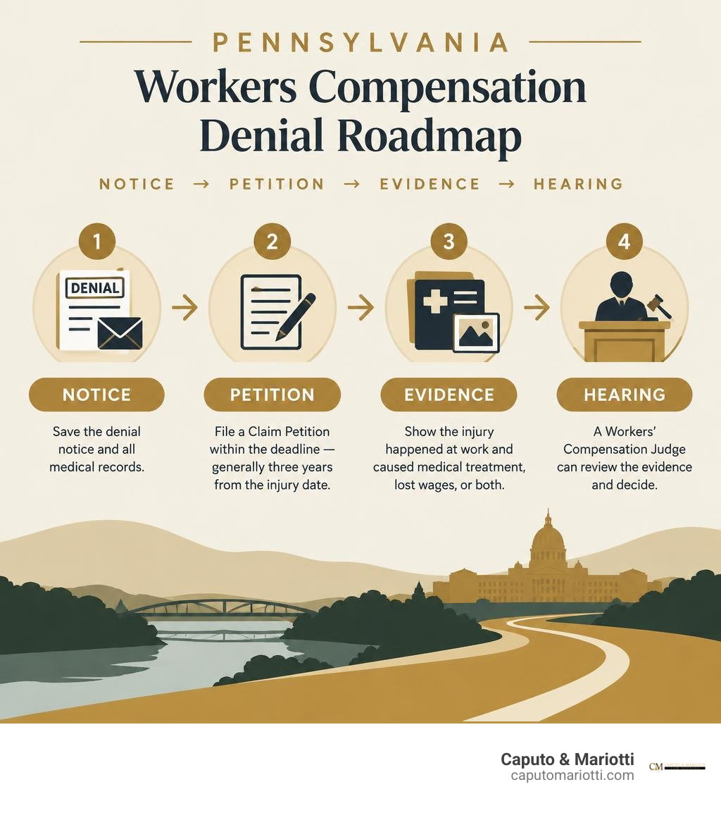 Pennsylvania workers compensation denial roadmap: notice, petition, evidence, hearing infographic Pennsylvania workers compensation denial roadmap: notice, petition, evidence, hearing infographic