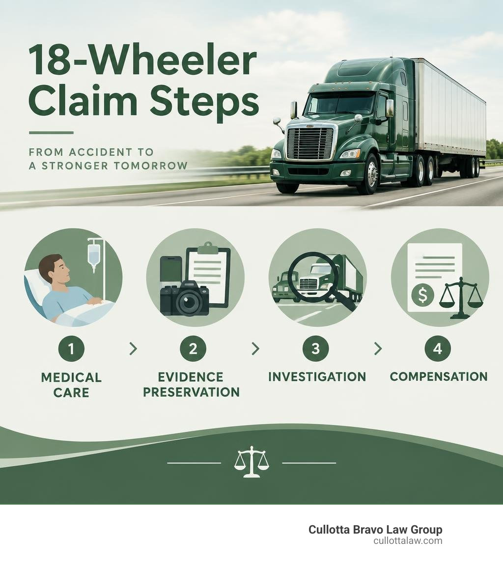 18-wheeler claim steps: medical care, evidence preservation, investigation, compensation infographic