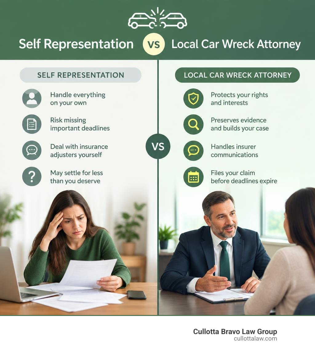 Self representation versus local car wreck attorney comparison infographic