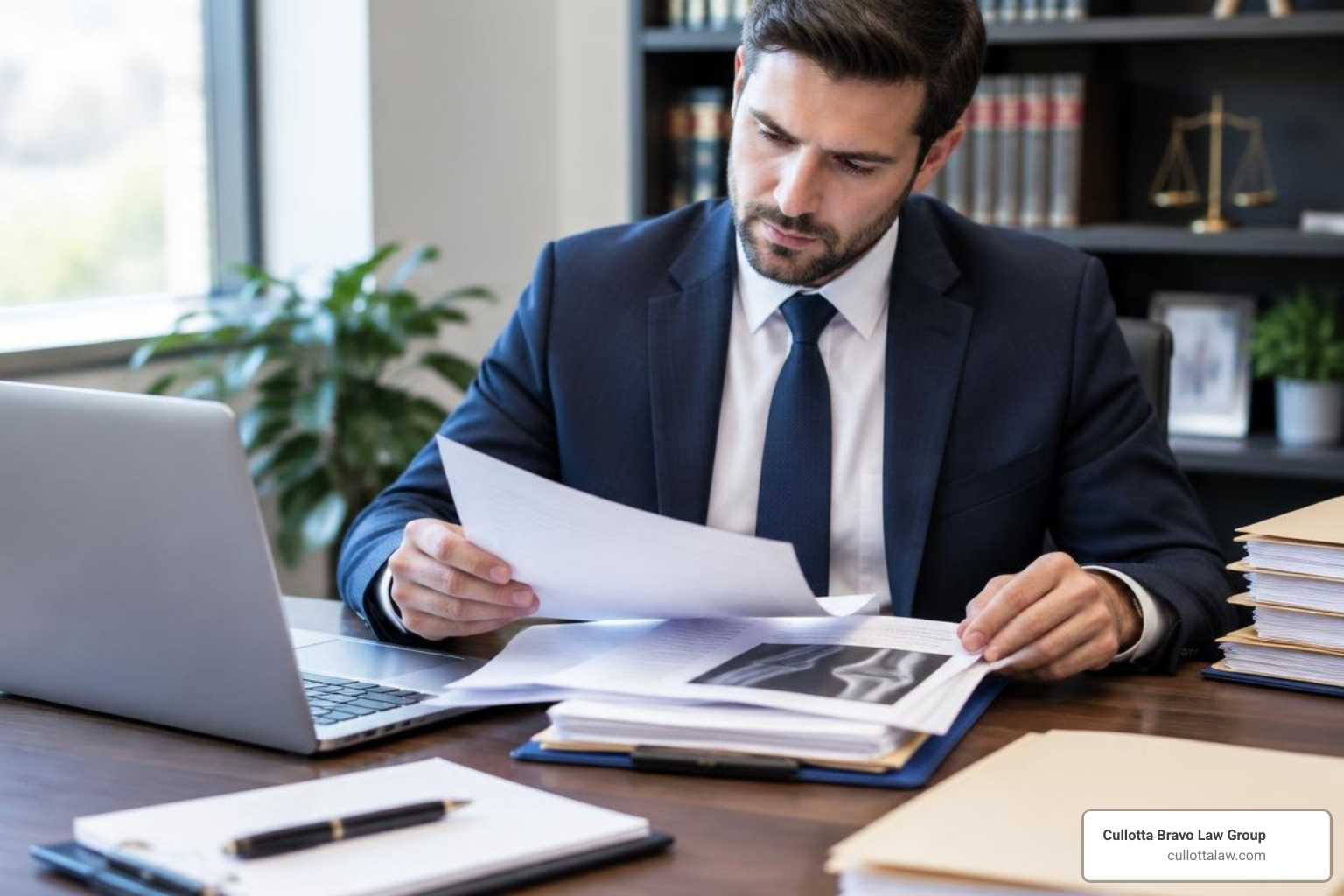 Attorney reviewing medical records and settlement valuations