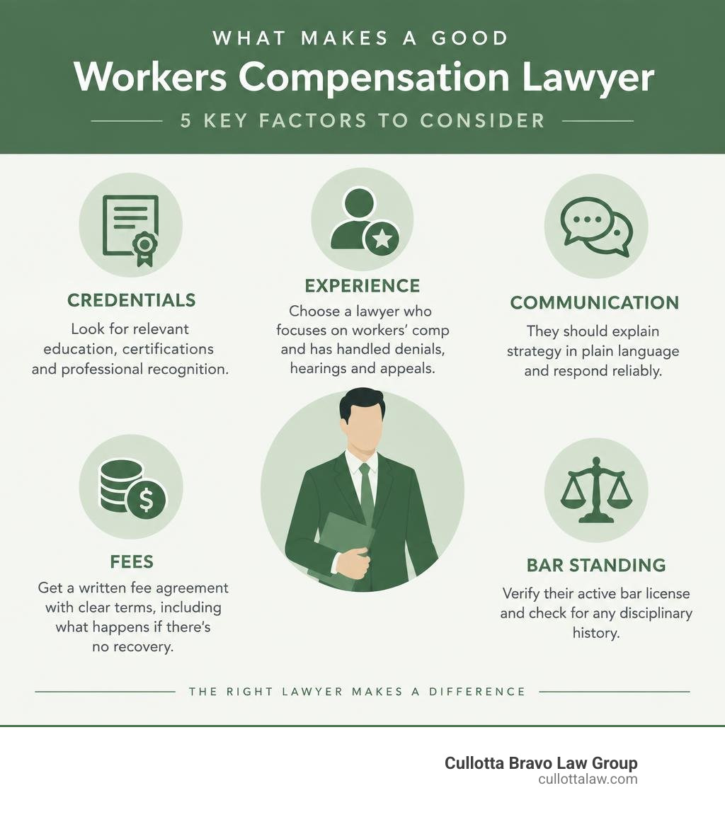 Infographic showing credentials, experience, communication, fees, and bar standing infographic Infographic showing credentials, experience, communication, fees, and bar standing infographic