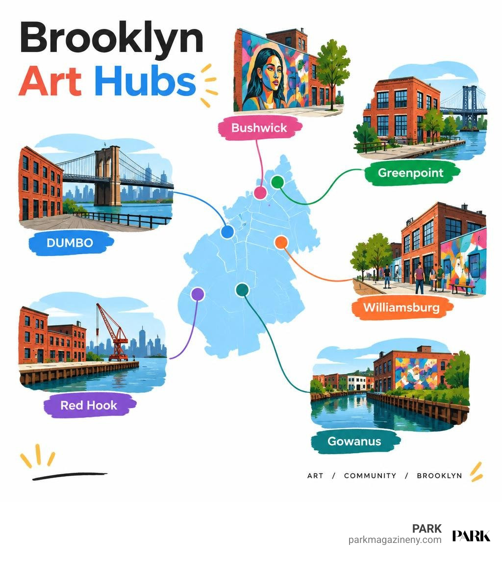 Brooklyn art hubs infographic showing Bushwick DUMBO Gowanus Red Hook Greenpoint and Williamsburg infographic Brooklyn art hubs infographic showing Bushwick DUMBO Gowanus Red Hook Greenpoint and Williamsburg infographic