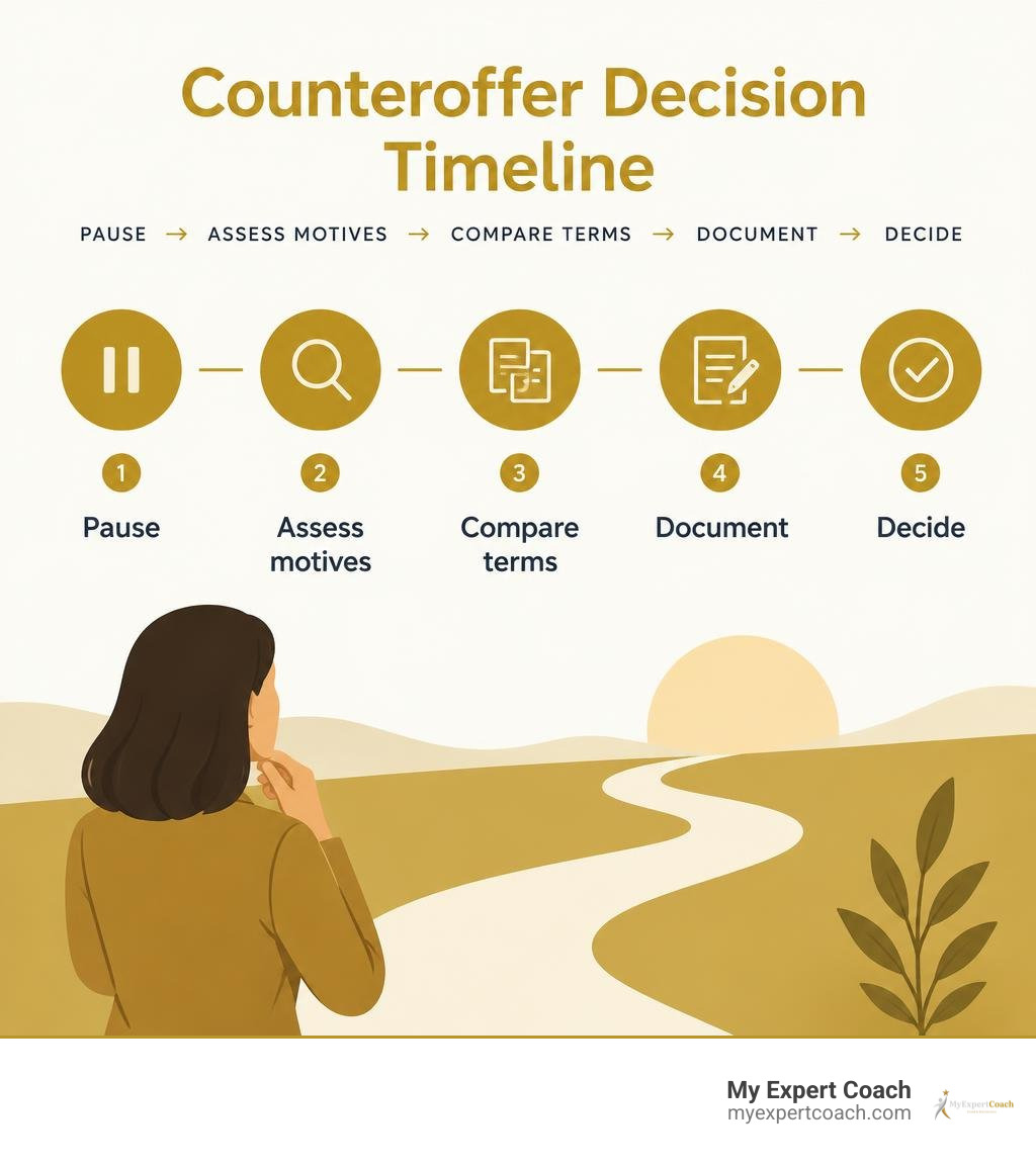 Counteroffer decision timeline: pause, assess motives, compare terms, document, decide infographic Counteroffer decision timeline: pause, assess motives, compare terms, document, decide infographic