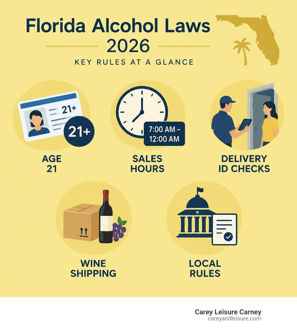 Florida alcohol rules infographic: age 21, sales hours, delivery ID checks, wine shipping, local rules infographic