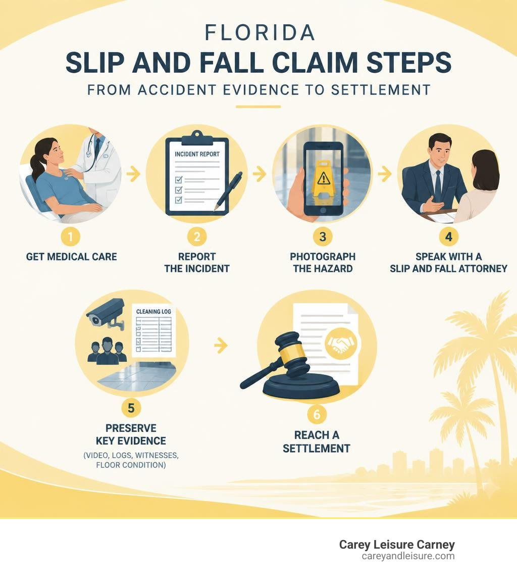 Florida slip and fall claim steps from accident evidence to settlement infographic Florida slip and fall claim steps from accident evidence to settlement infographic
