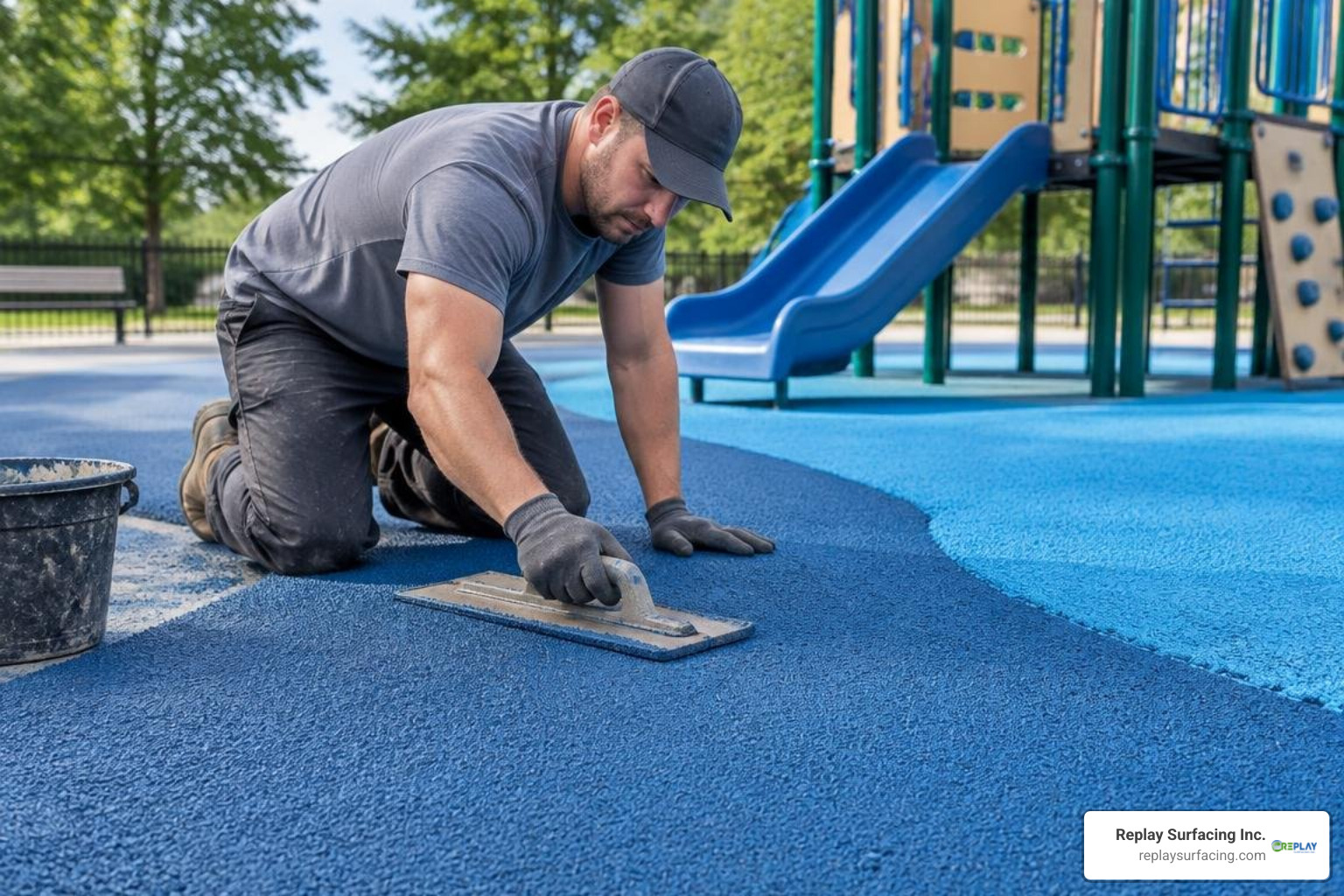 Professional technician troweling poured-in-place playground rubber Professional technician troweling poured-in-place playground rubber