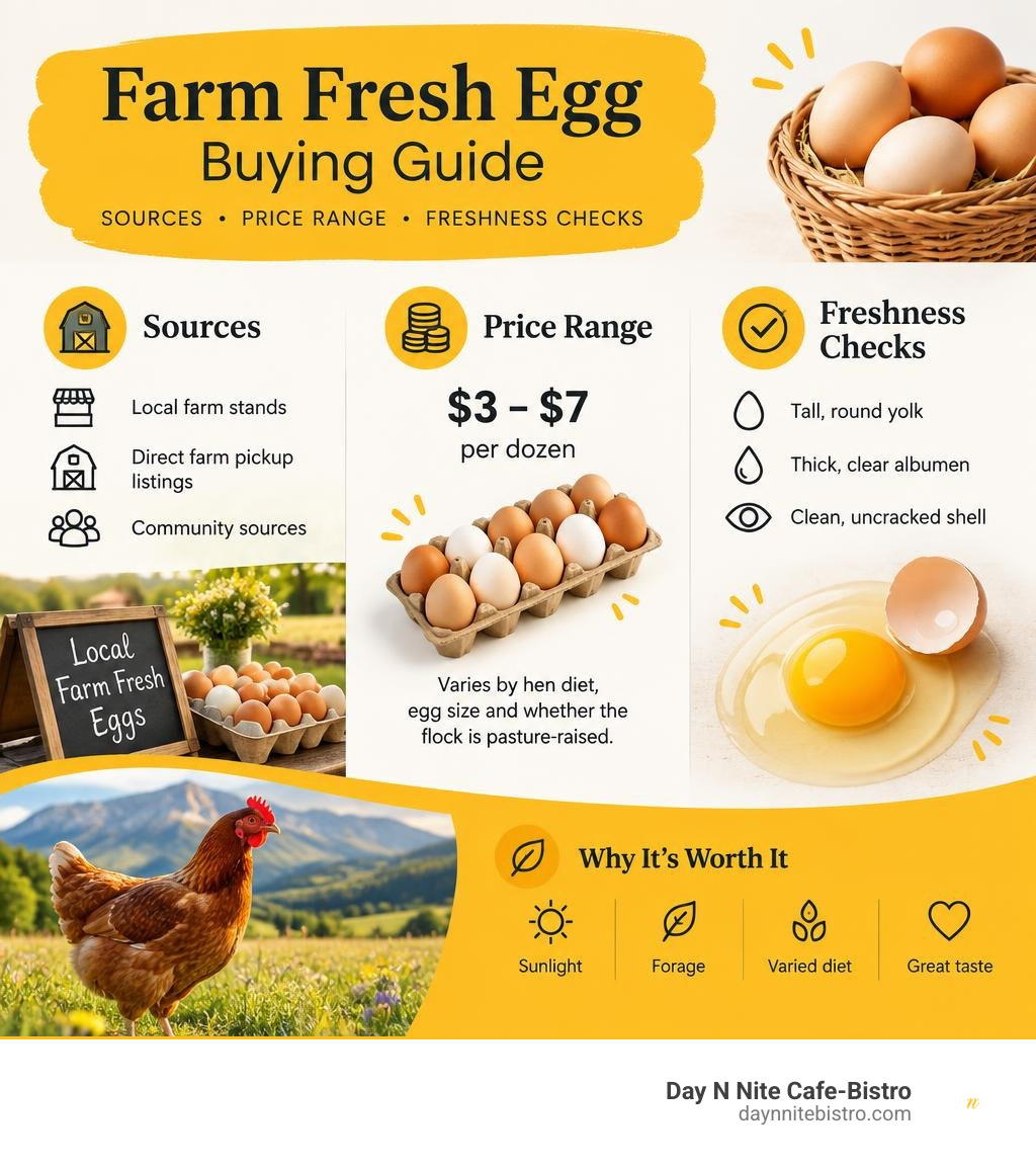 Farm fresh egg buying guide: sources, price range, and freshness checks infographic