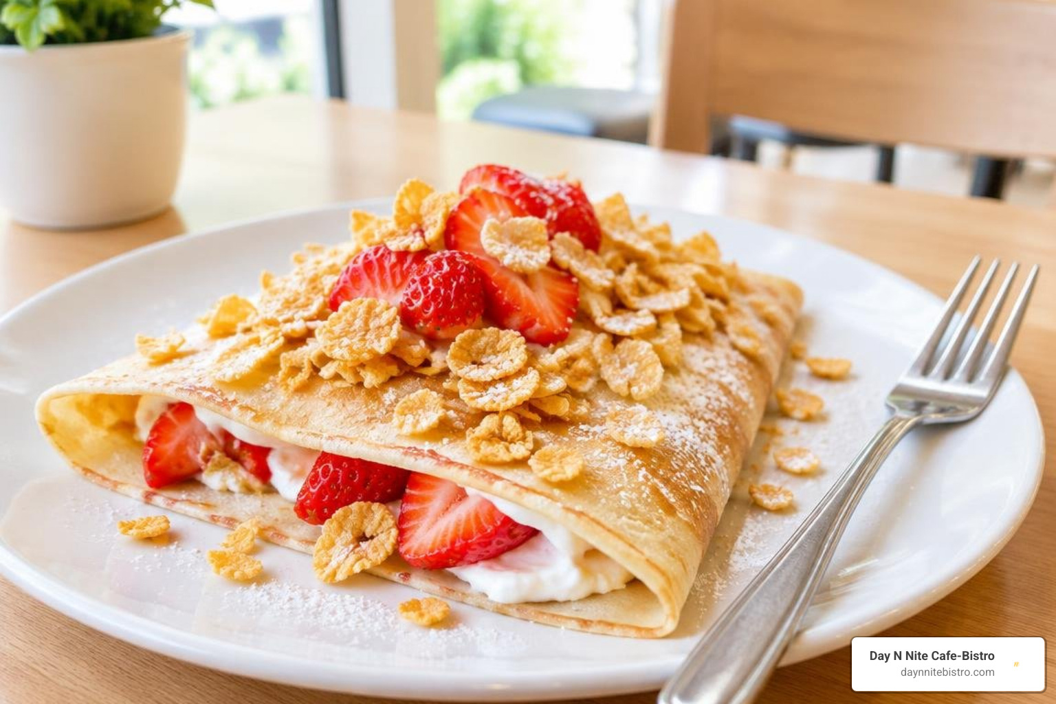 Strawberry cream crepe with cornflake crunch Strawberry cream crepe with cornflake crunch