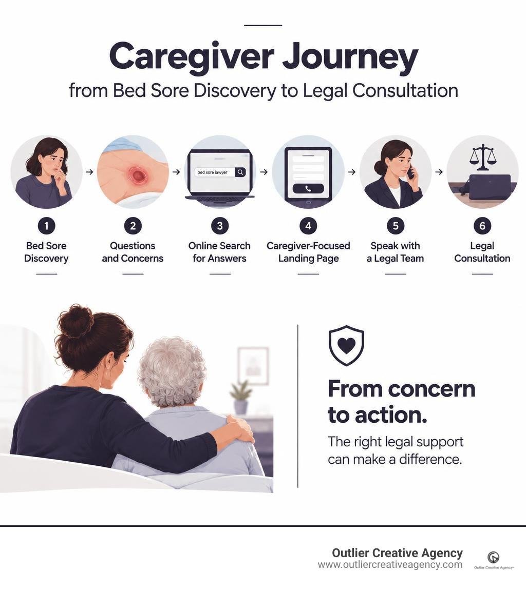 Caregiver journey from bedsore discovery to legal consultation infographic