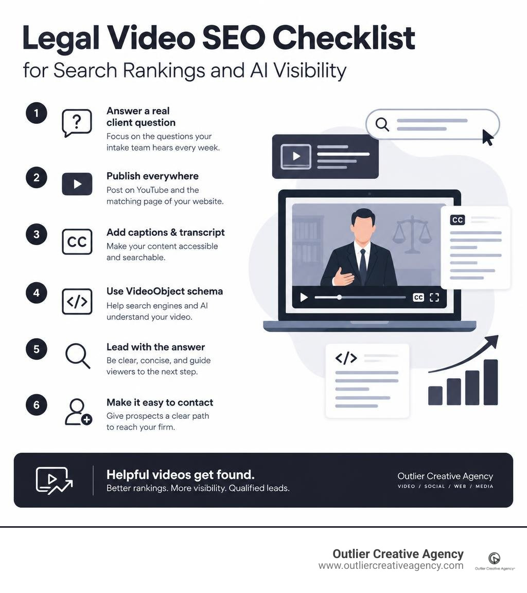 Legal video SEO checklist for search rankings and AI visibility infographic
